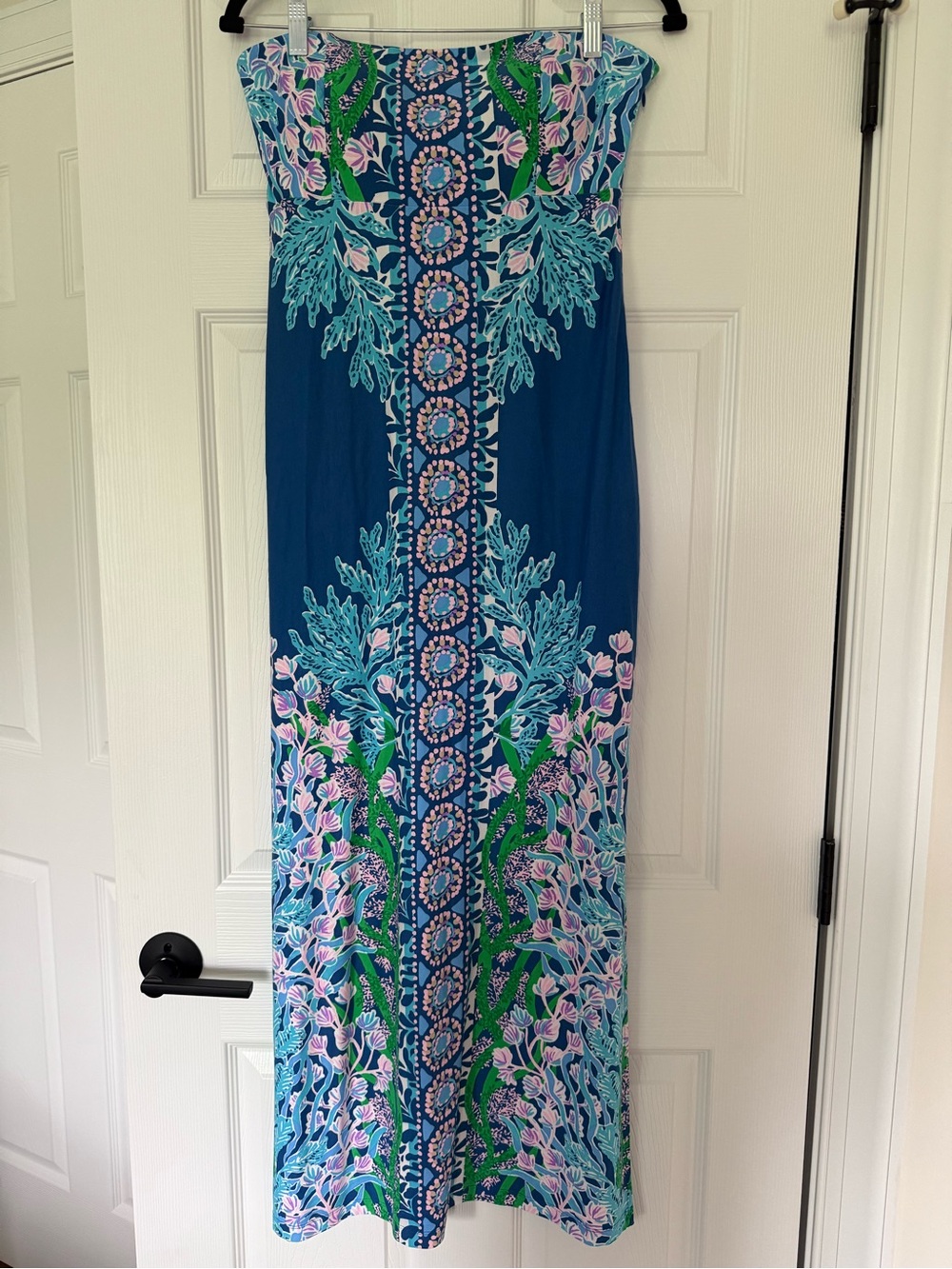 Lilly Pulitzer Noa Strapless Maxi Dress Barton Blue Secret Escape Print Size 10